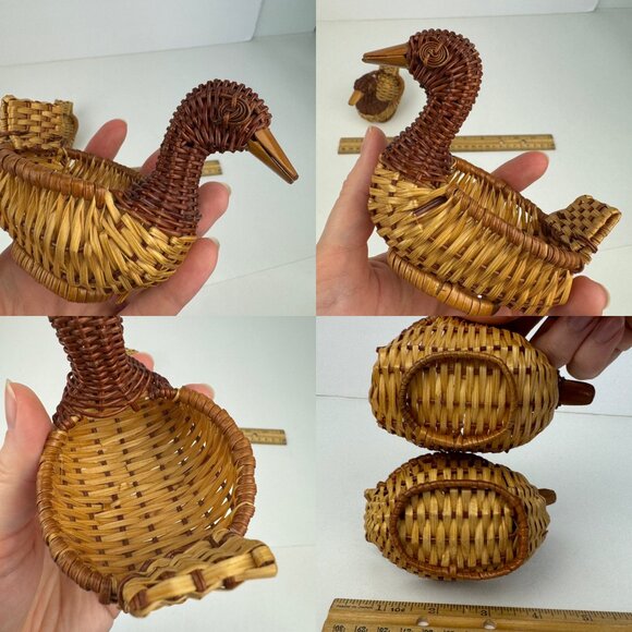 2 Small Vtg Tan Wicker Rattan Woven Ducks Geese Goose Tabletop Decor Planter - Picture 6 of 13